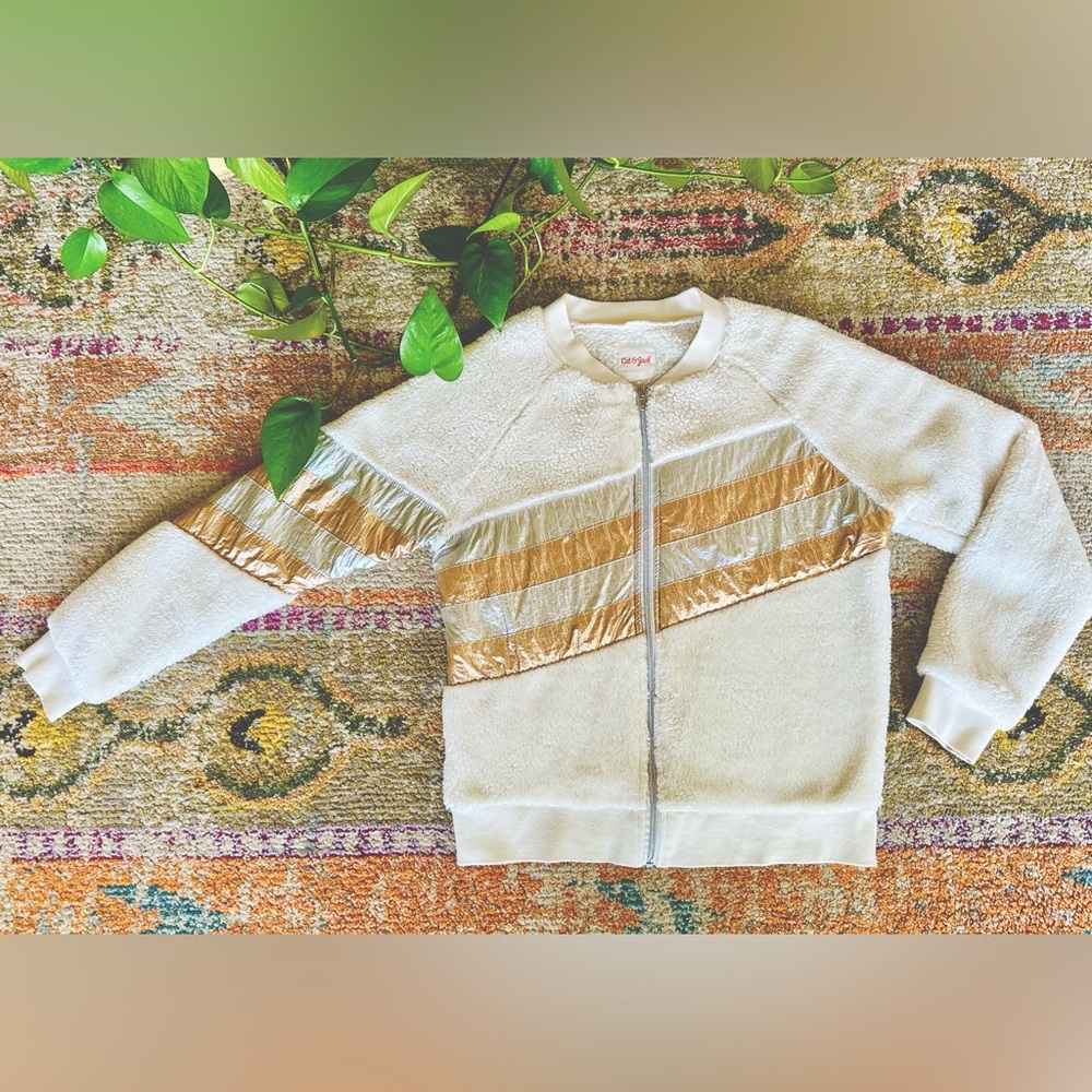 Cat & Jack-Girls Zip Up Jacket Faux Fur. Gold Silver Metallic. Sz 14/16 ☀️